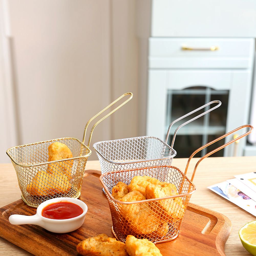 Food Snacks Catering - ตะกร้าทอดสี่เหลี่ยมจิ๋วสำหรับตกแต่ง ตาข่ายโลหะสีโรสโกลด์ สำหรับงานปาร์ตี้ ขนมทานเล่น งานจัดเลี้ยง ร้านอาหาร
